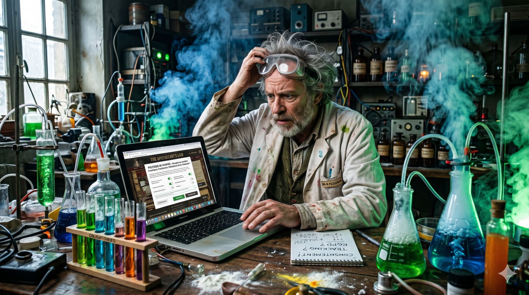 Un scientifique âgé, désemparé, entouré d'équipements de laboratoire et d'un ordinateur.