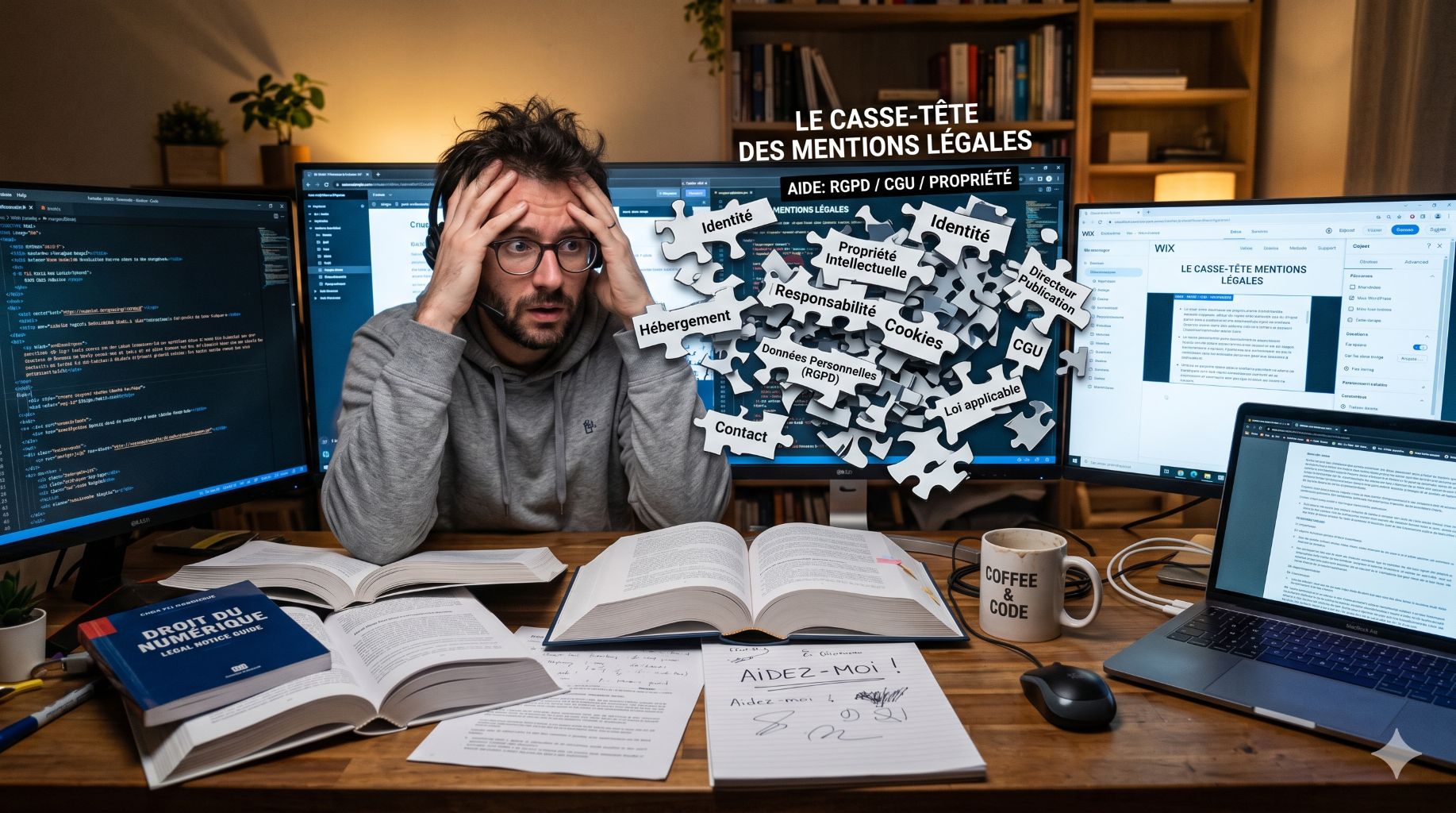 Un homme fatigué avec les mains sur la tête, entouré d écrans d ordinateur et de livres.