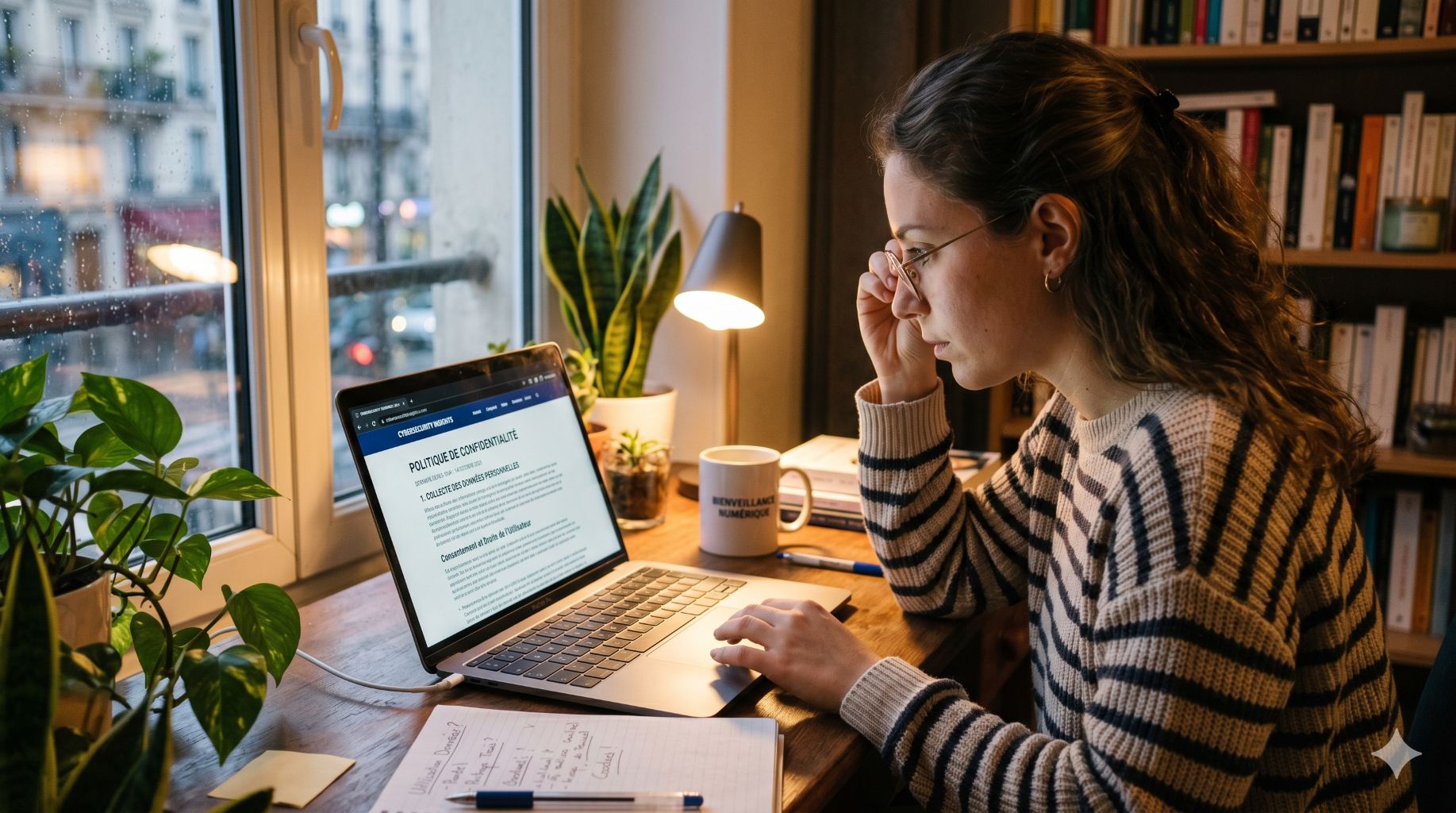 Femme assise à un bureau avec un ordinateur. Elle est en train de travailler.