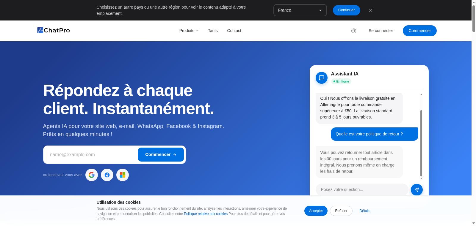 Capture d'écran du site internet présentation réponse client instantanée