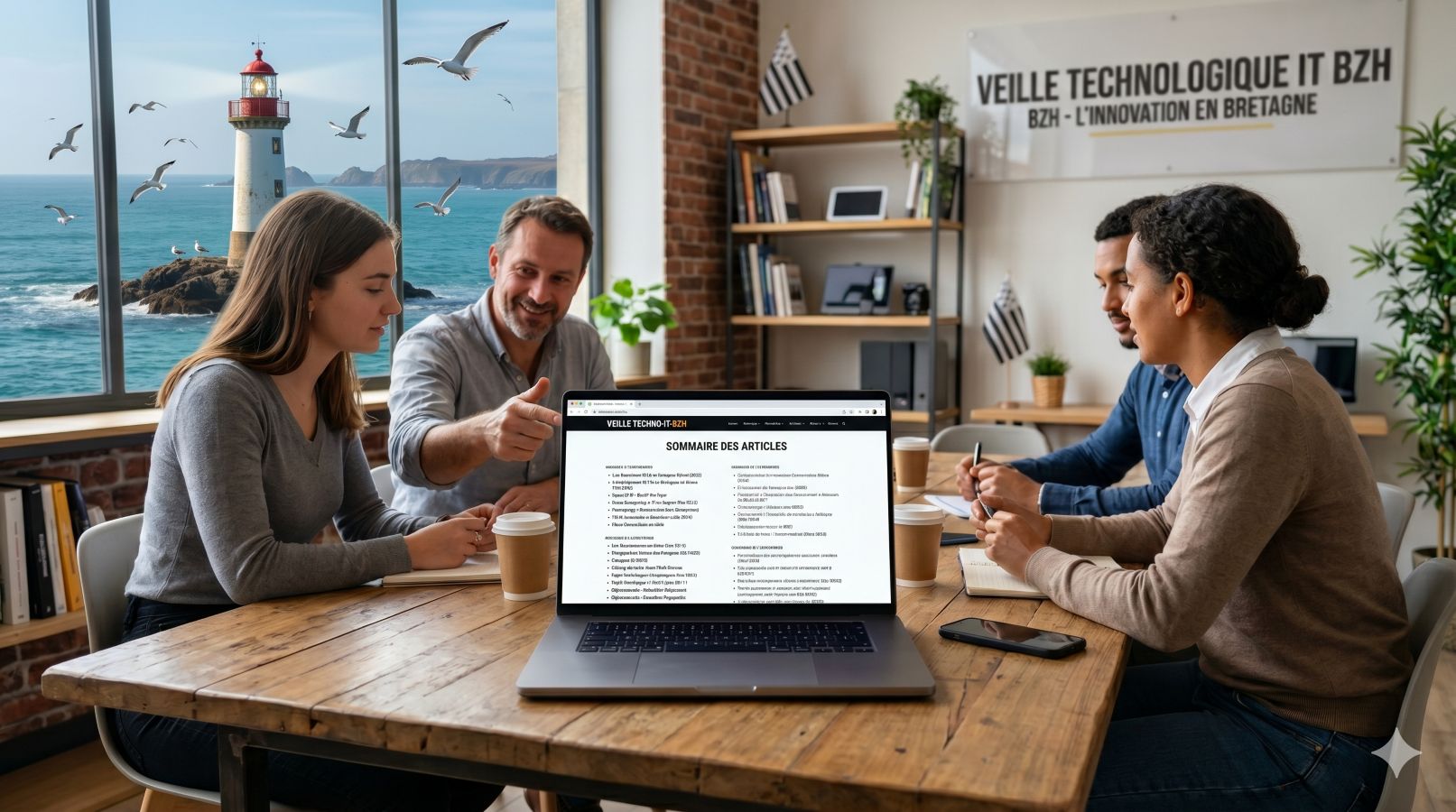 Groupe de personnes discutant autour d'un ordinateur portable dans un espace de travail moderne avec vue sur l'océan.