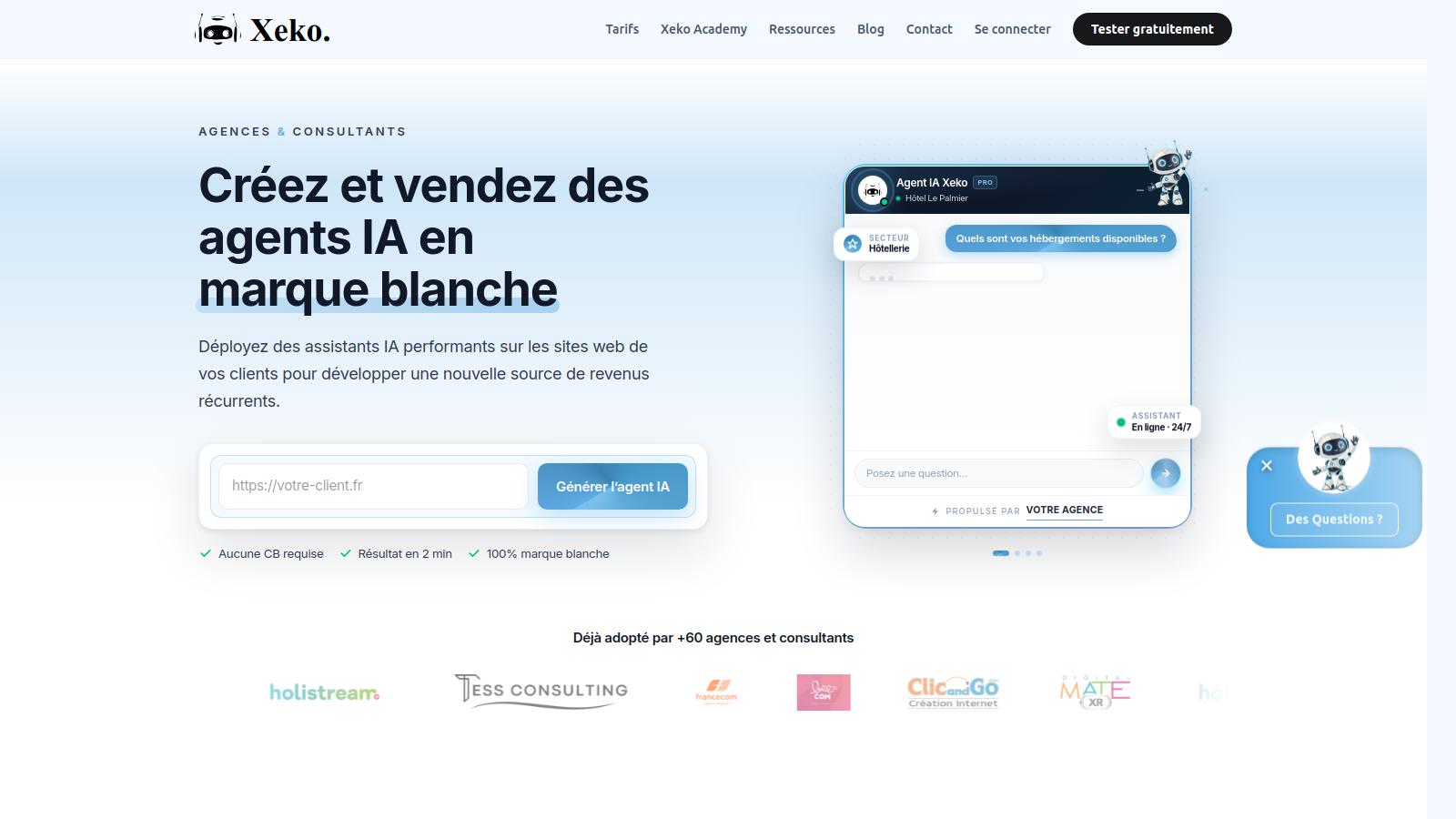 Interface de création d'agents IA en marque blanche