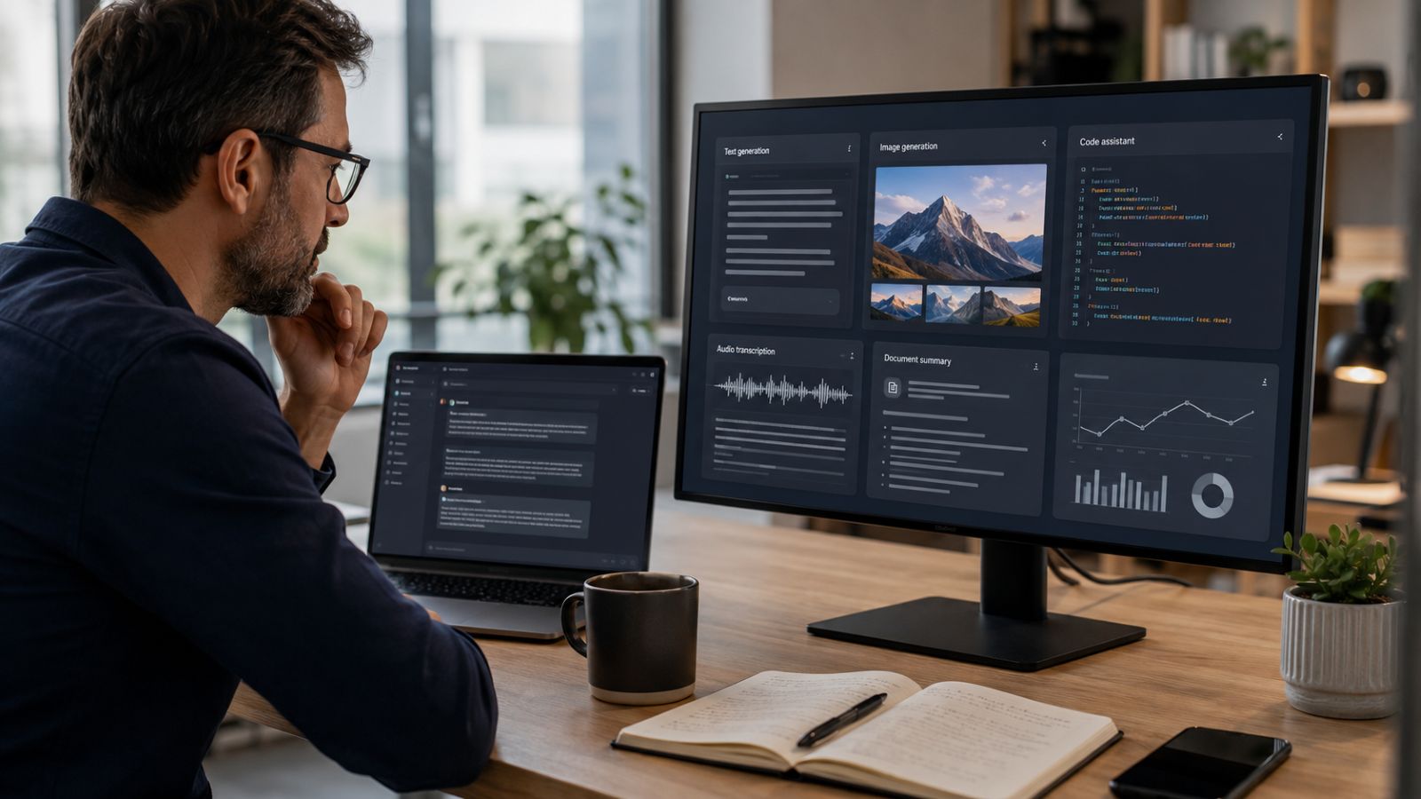 Un professionnel utilise un ordinateur avec des graphiques de données et une montagne sur l'écran.