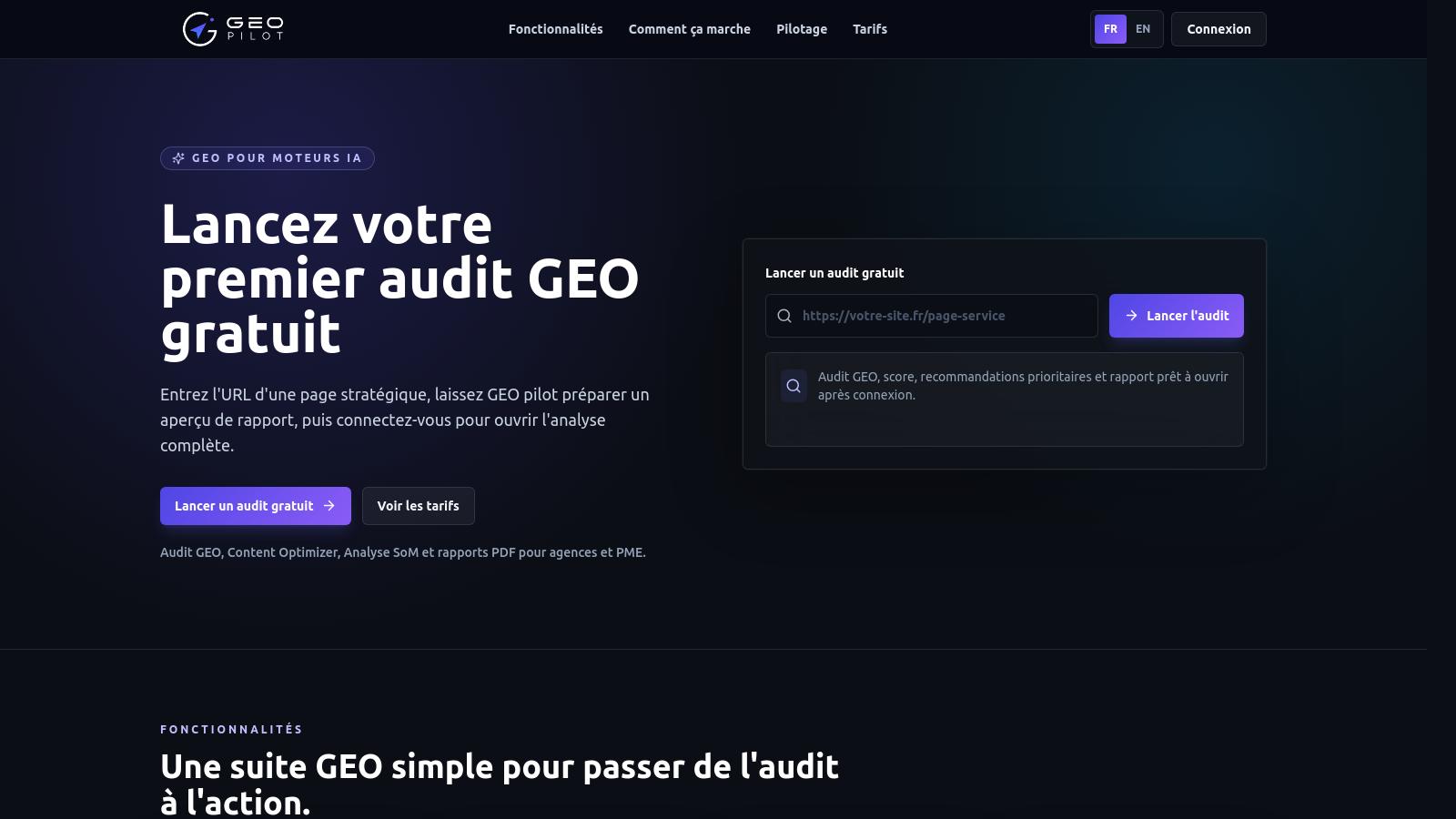 Page d'accueil d'un site web proposant des audits GEO