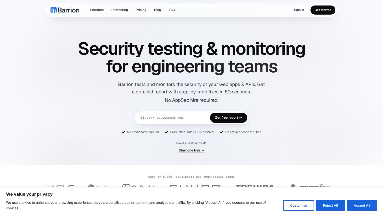 Barion propose des solutions de test et surveillance de la sécurité pour les équipes d'ingénierie. Interface claire avec options de démarrage rapide.