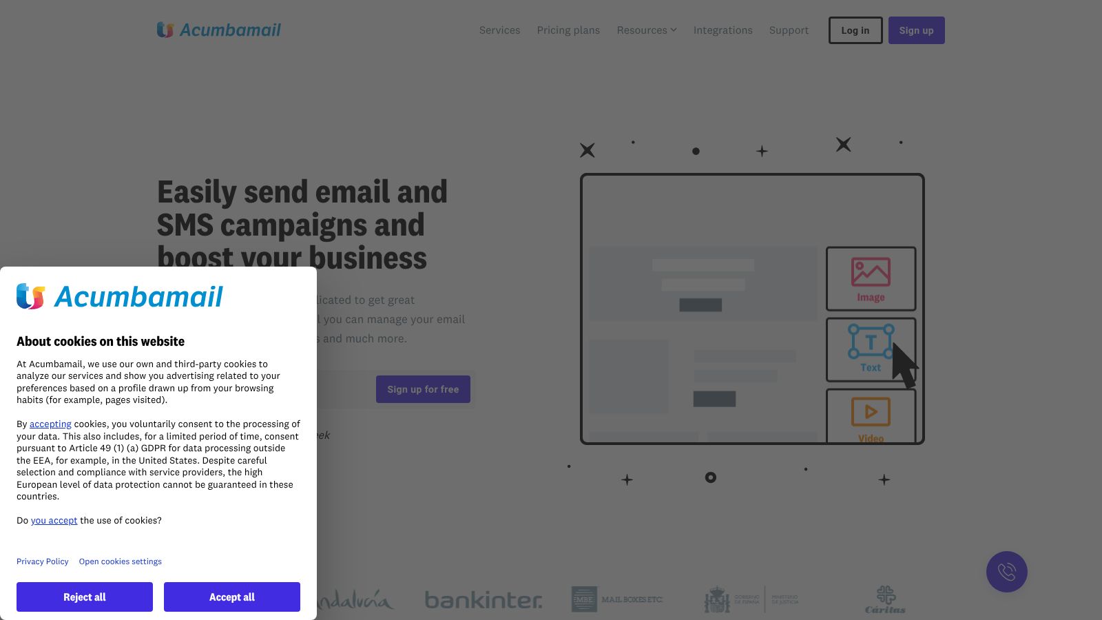 Screenshot of Acurbomail website interface showing email and SMS campaign management features.