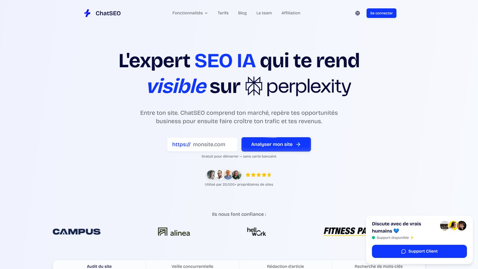 Capture d'écran montrant une interface web avec des outils d'optimisation SEO, incluant des graphiques et des données pertinentes.