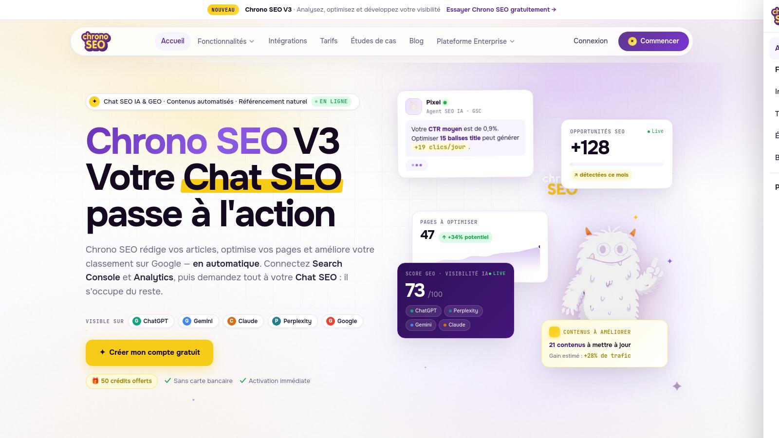 Capture d'interface du logiciel Chrono SEO V3 suggérant des actions d'automatisation pour l'optimisation des moteurs de recherche.
