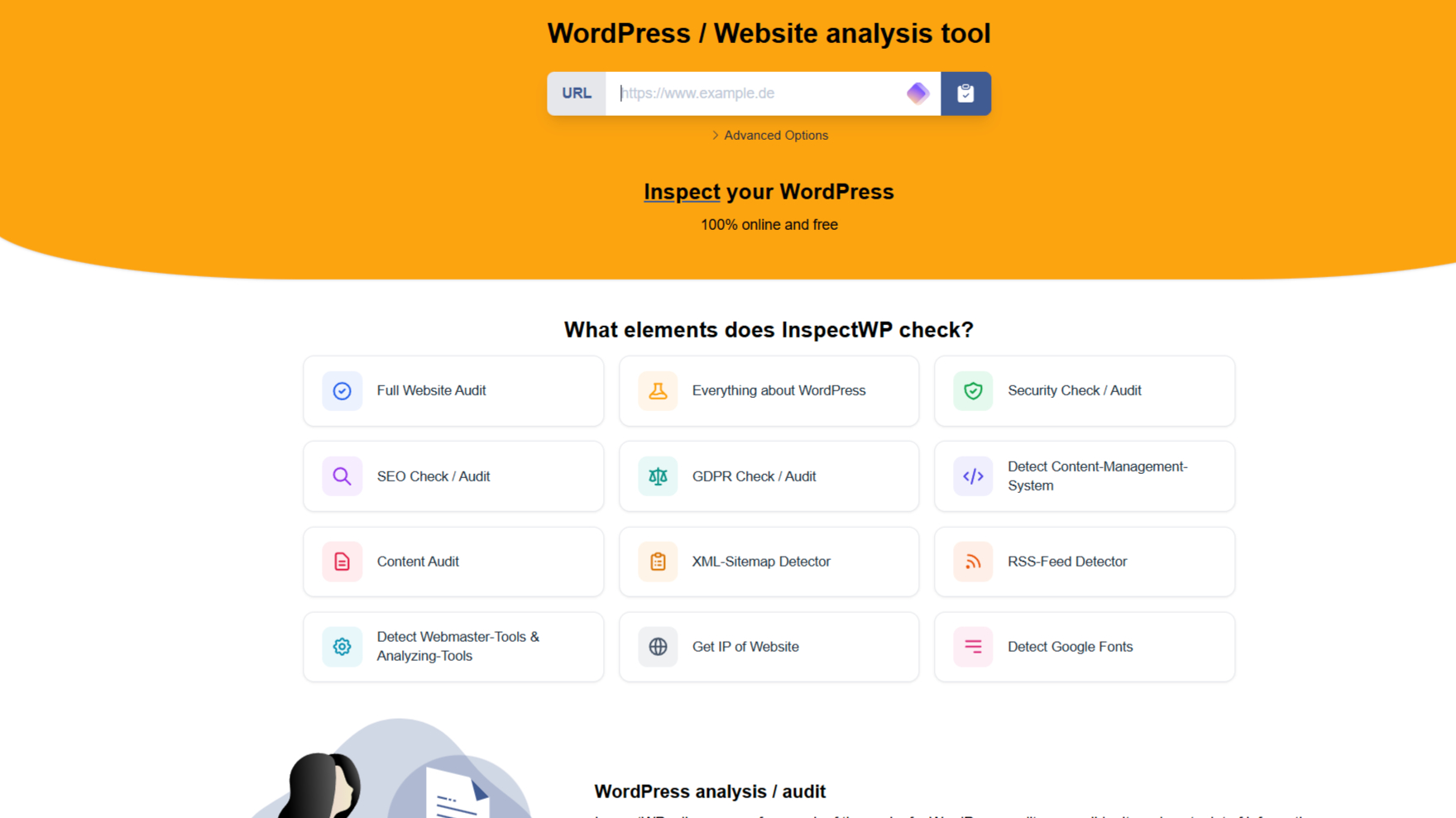 Interface de l'outil d'analyse et d'audit de sécurité WordPress avec bannière orange et liste des fonctionnalités.