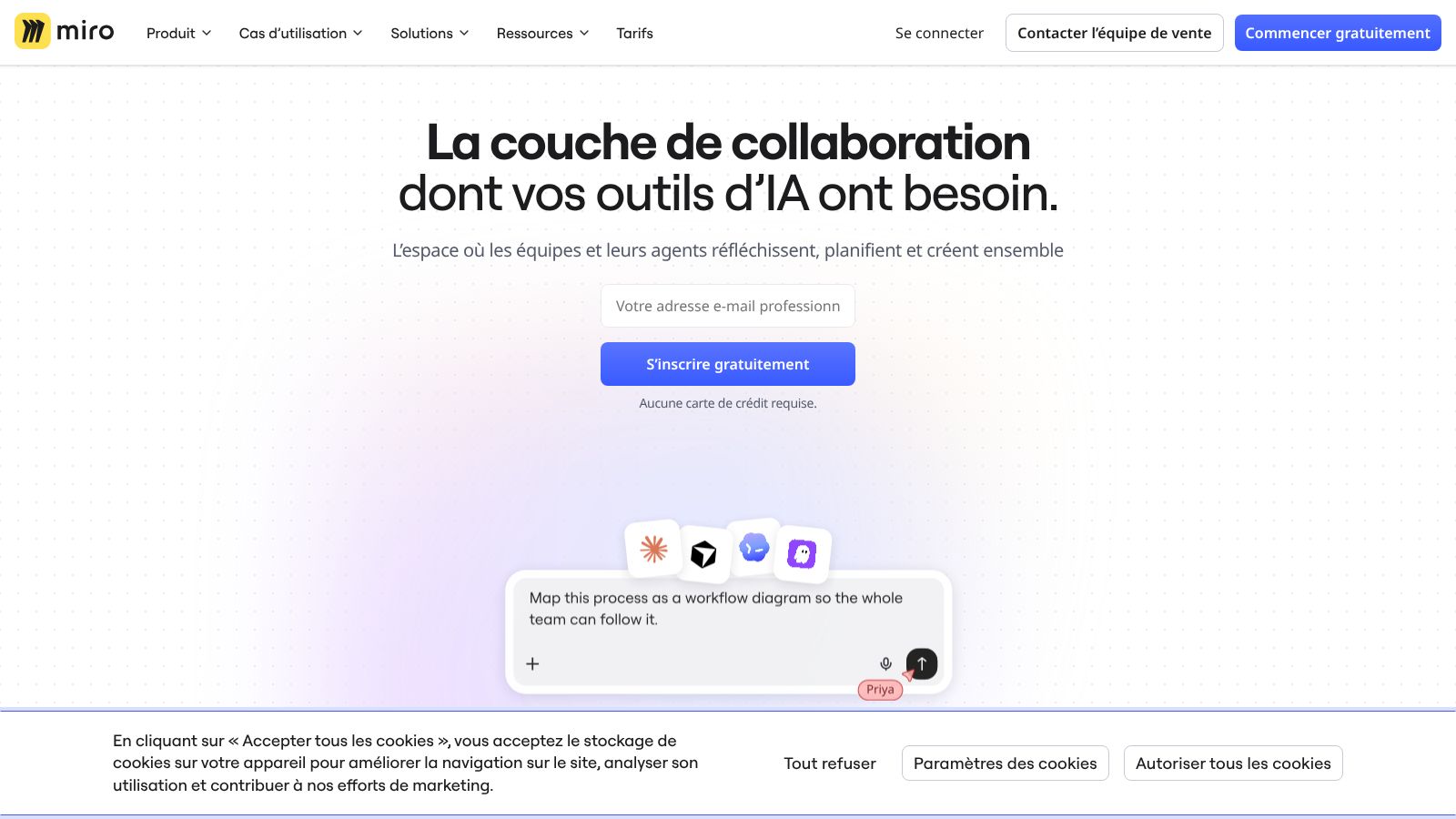 Capture d'écran du site miro mettant en avant sa couche de collaboration pour les outils d'intelligence artificielle.