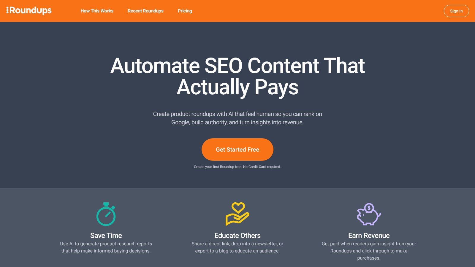 The image shows a webpage with the heading 'Automate SEO Content That Actually Pays' and features icons for saving time, educating others, and earning revenue.