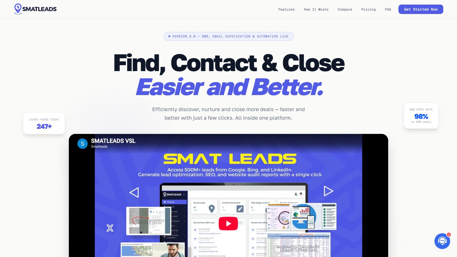 Page de présentation du logiciel SMAT LEADS permettant de localiser, contacter et clôturer des affaires plus facilement.