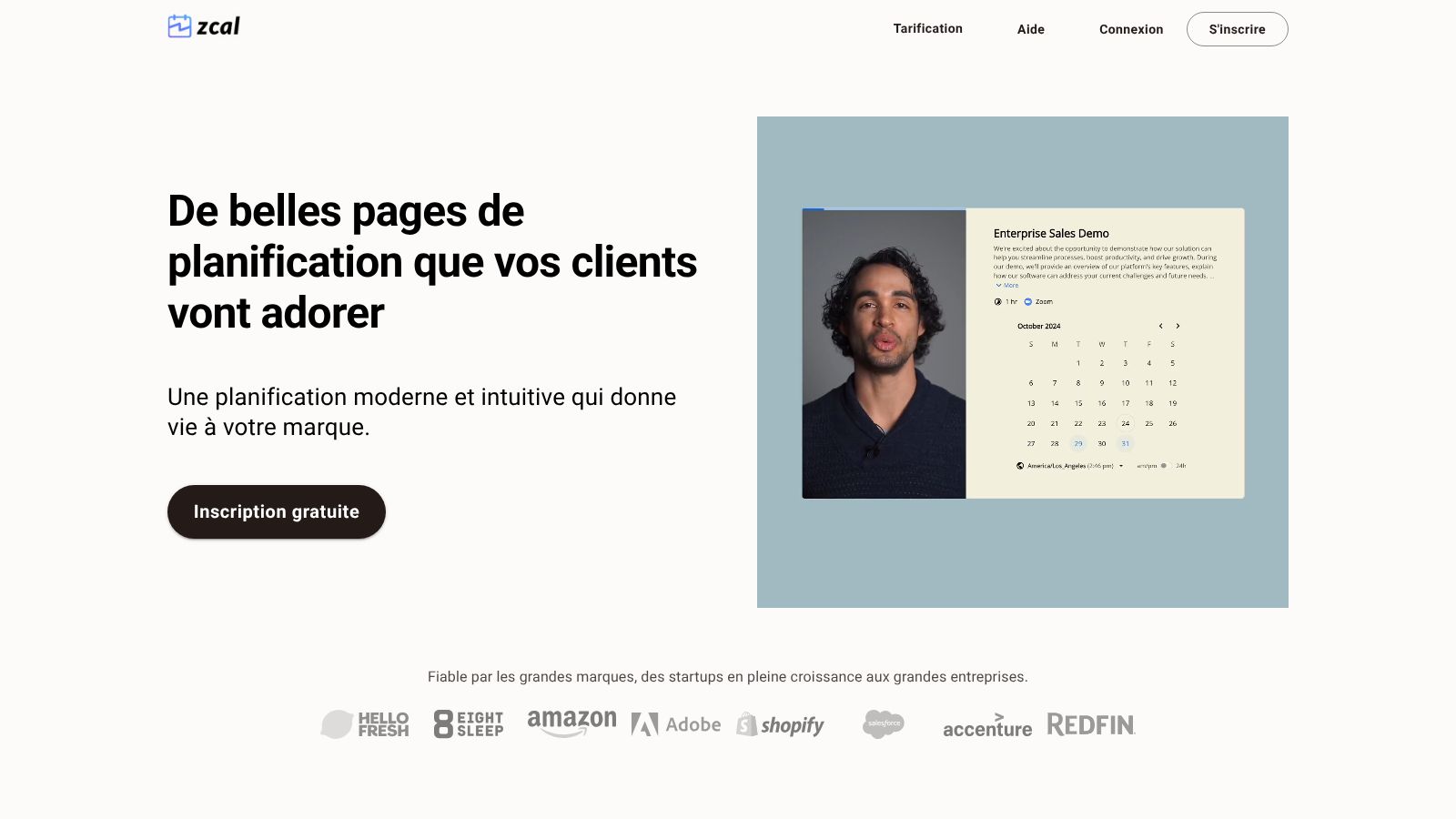 Page web Ecal présentant des templates de planification modernes avec une photo de profil et un calendrier.