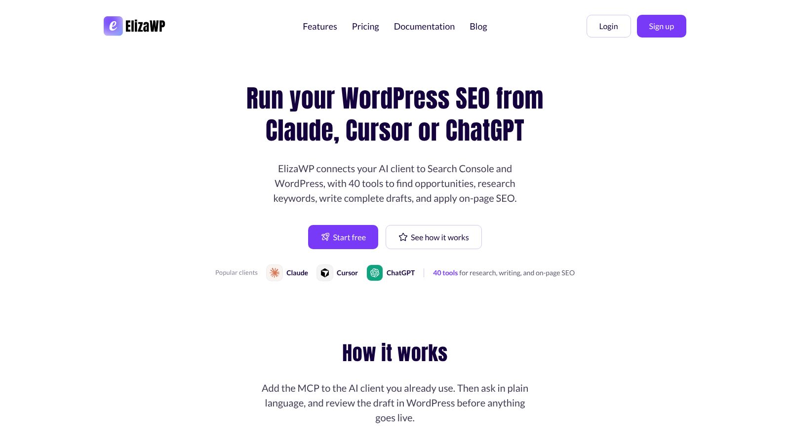 Page d'accueil GizAMP présentant les fonctionnalités de SEO intégrées aux outils d'intelligence artificielle Claude, Cursor et ChatGPT.