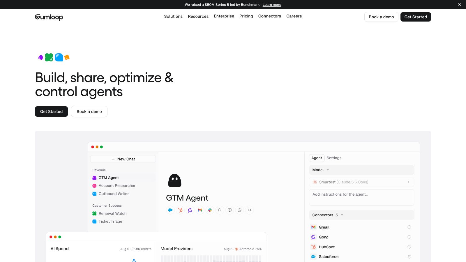 Interface web Burnup permettant de créer et contrôler des agents IA. Le bouton 'Get Started' est visible sous le titre principal.