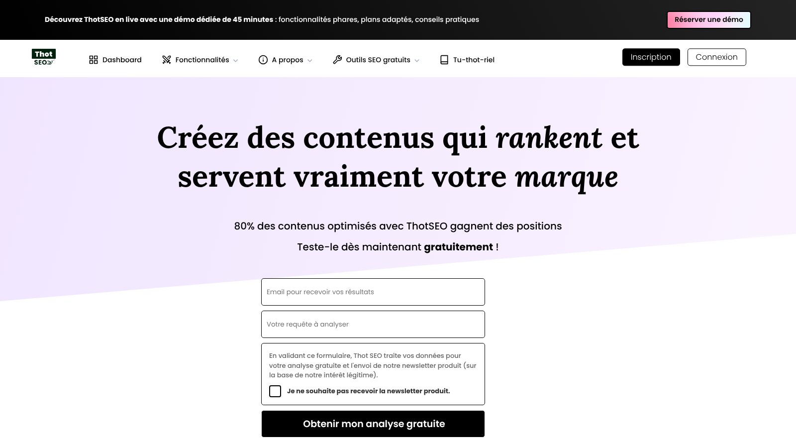 Page d'accueil Trust30 mettant en avant la création de contenus qui rankent et servent la marque avec un formulaire de test gratuit.