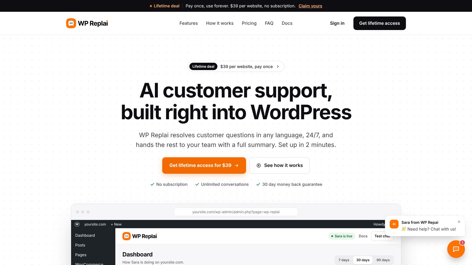 Page d'accueil du plugin WPrapid présentant un service de support client automatisé par IA et une interface d'administration intégrée à WordPress.